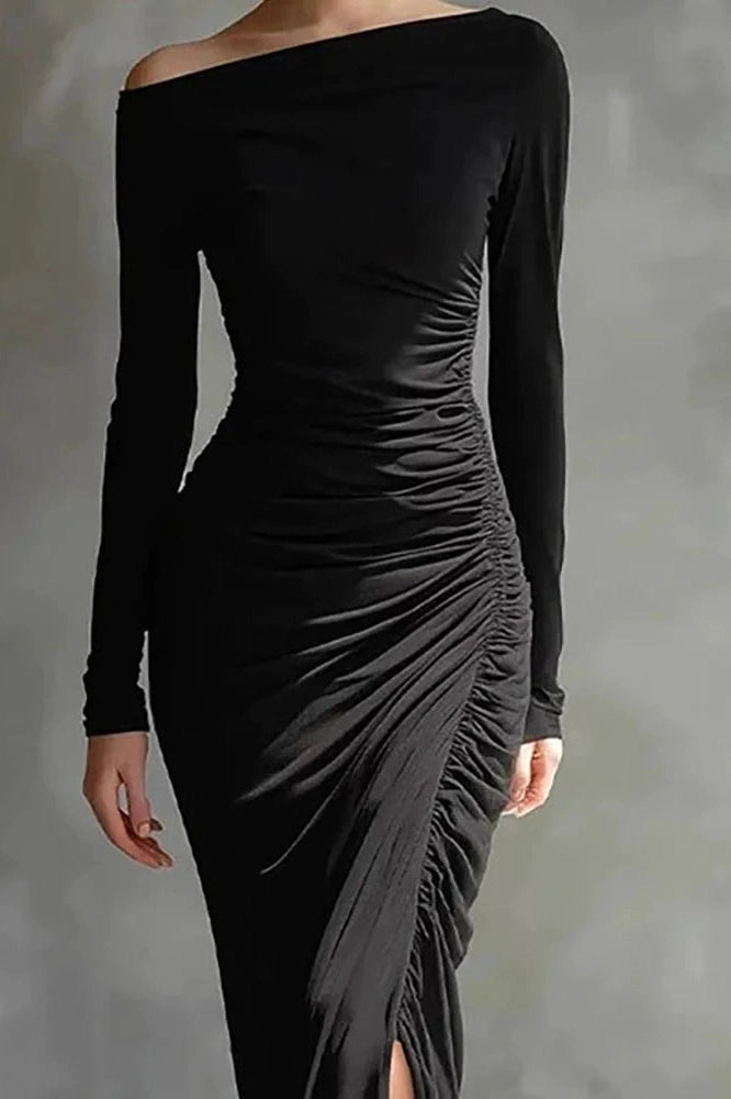 Glorol - Elegant High Waist Split Long Sleeve Slash Collar Maxi Dress