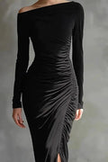Glorol - Elegant High Waist Split Long Sleeve Slash Collar Maxi Dress