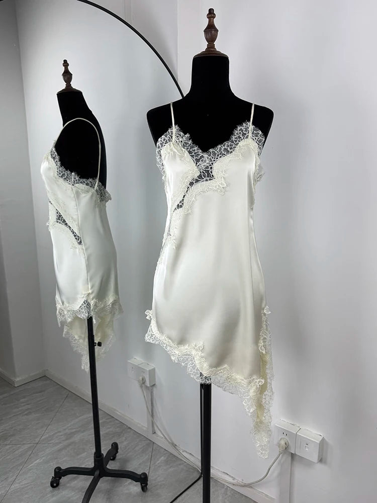 Glorol - Lace Spaghetti Strap Slit Bodycon Mini Dress