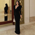 Glorol - Deep V-Neck See-Through Long Sleeve Maxi Dress