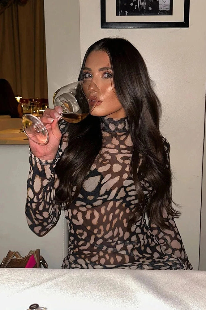 Glorol - Leopard Print Turtleneck High Waist Mini Dress