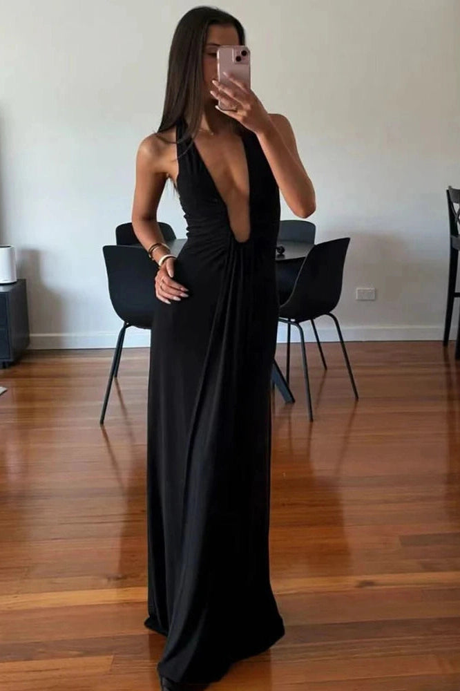 Glorol - Elegant Deep V Neck Slim Sleeveless Maxi Dress