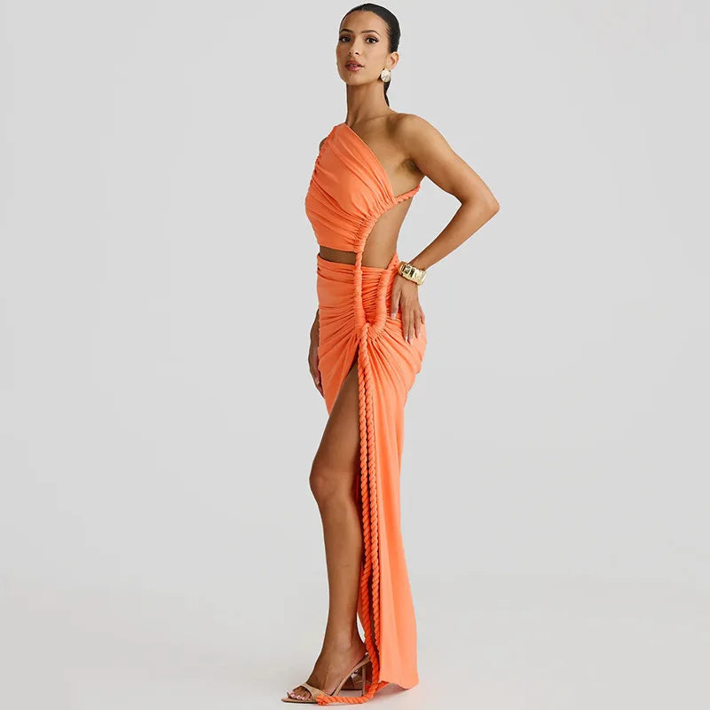 Glorol - One-Shoulder Strap Backless High Split Maxi Dress