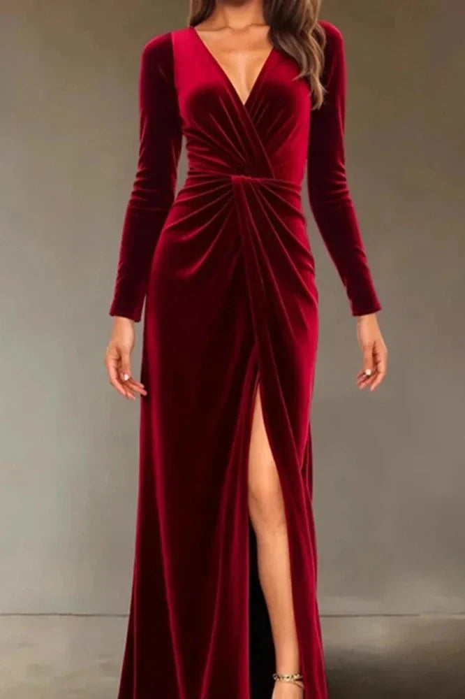 V-Neck Slim High Waist Pleated A-Line Maxi Dress