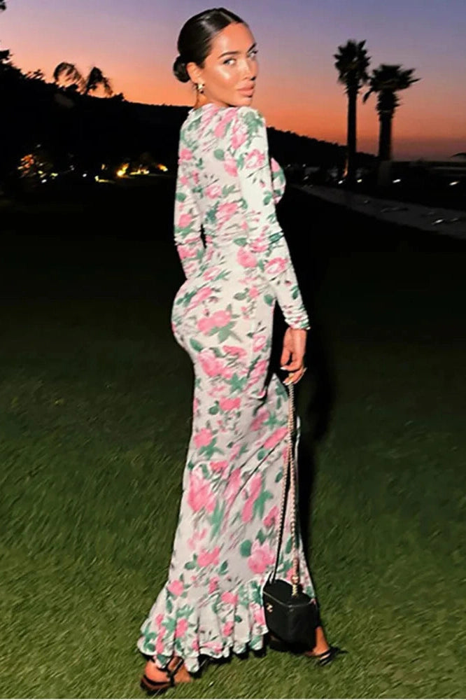 Glorol - Bodycon Long Sleeve Print Zipper Maxi Dress
