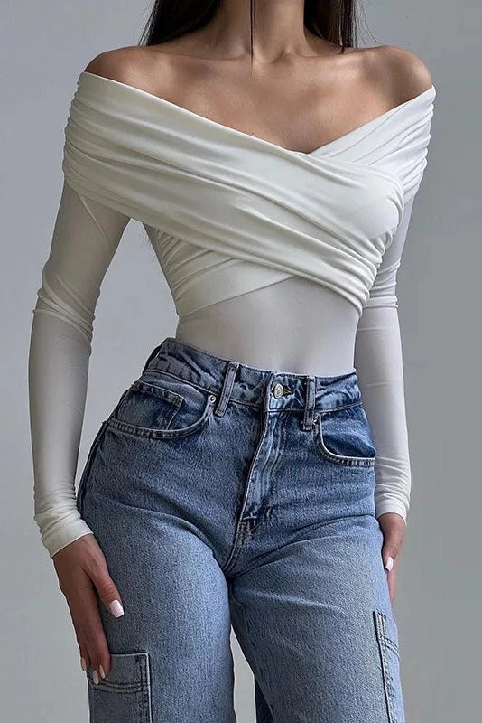 Glorol - Off-Shoulder Long Sleeve Cross Pleated Jumpsuit