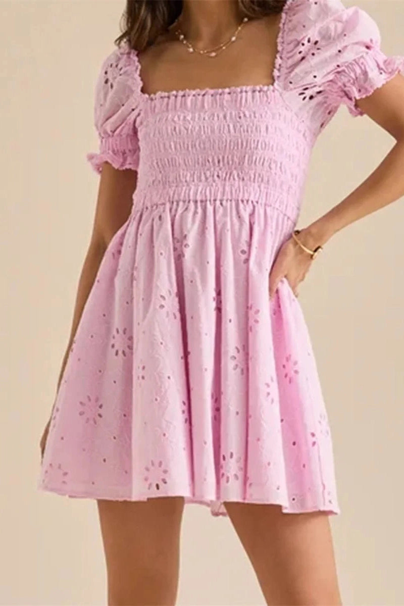 Glorol - Puff Sleeve Square Neck A-Line Mini Dress