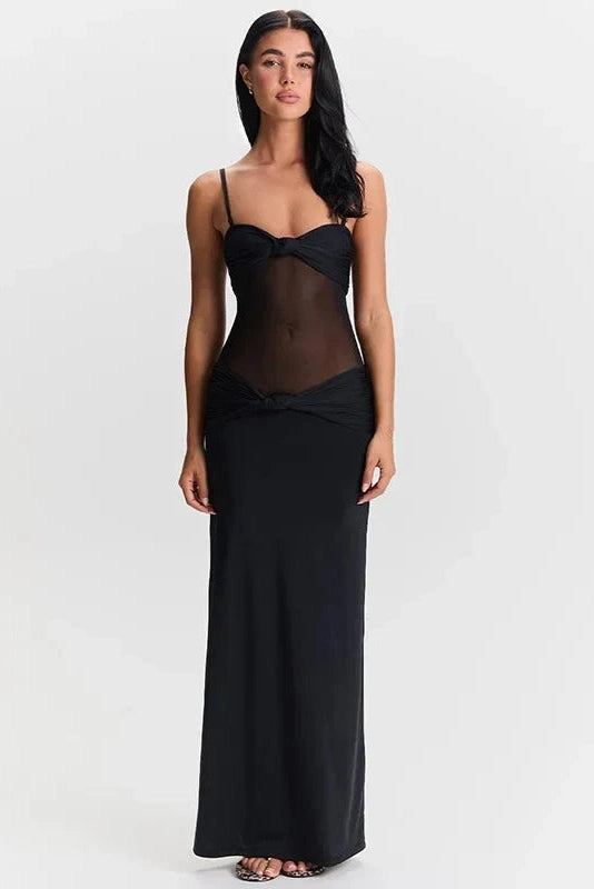 Glorol - Elegant Spaghetti Strap Backless See-Through Maxi Dress