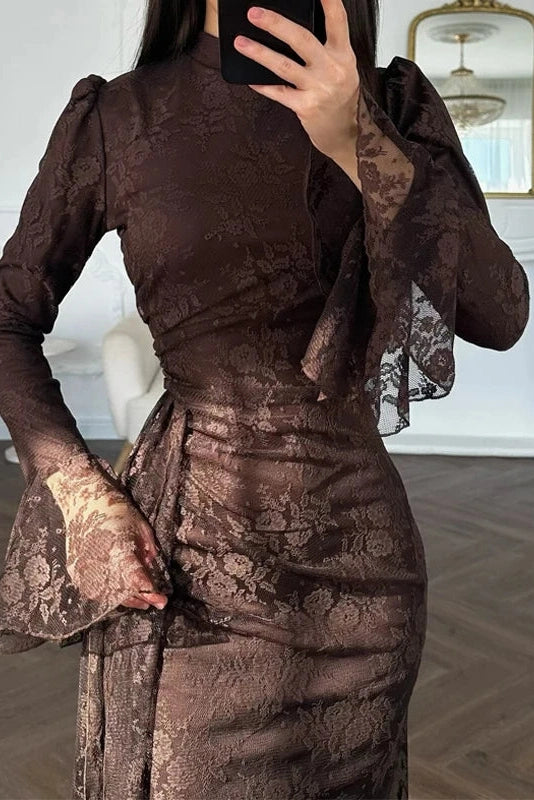 Glorol - Pleated Lace Slim High Waist Maxi Dress