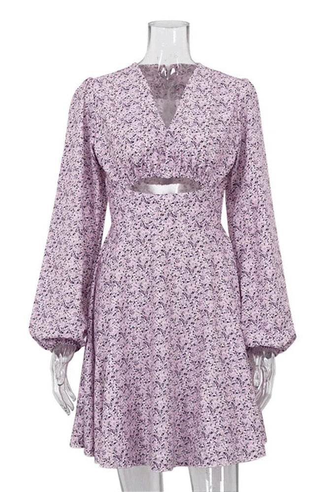 Glorol - Hollow Out V-Neck Printed Long Sleeve Patchwork Mini Dress