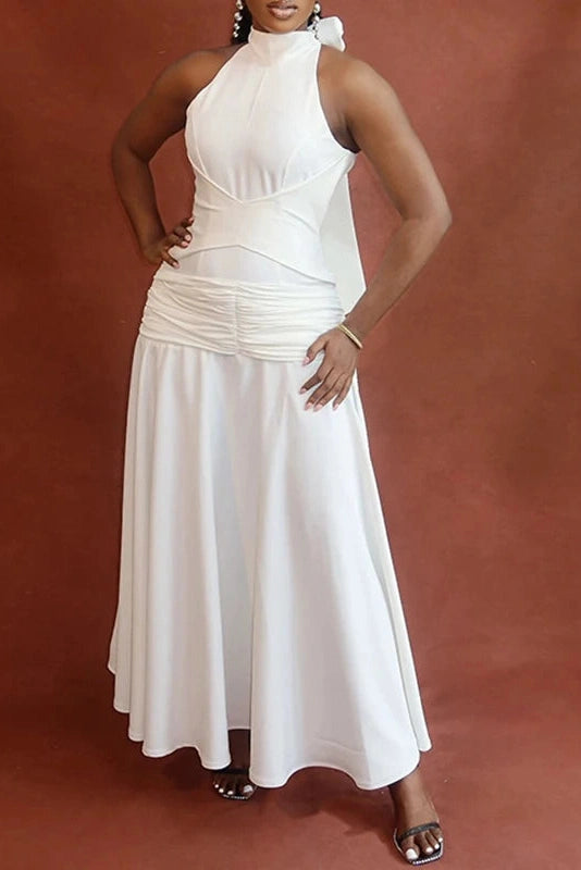 Glorol - Hollow Out High Waist Lace Up Sleeveless Pleated Maxi Dress
