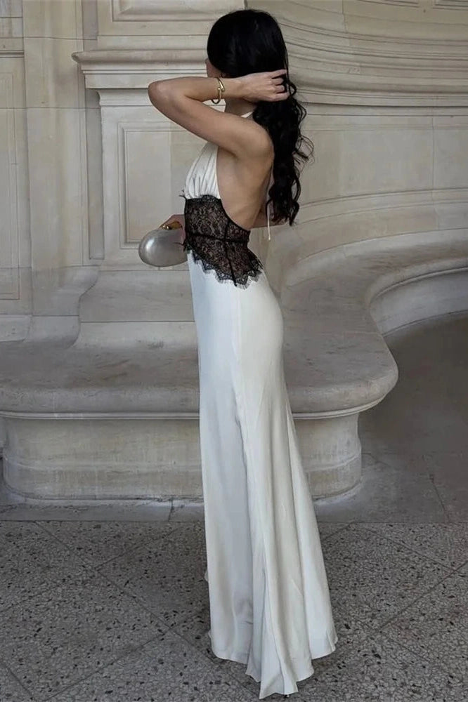 Glorol - Hollow Out Lace V-Neck Backless High Waist Slim Maxi Dress