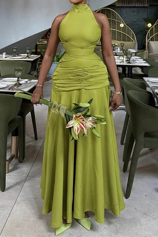 Glorol - Hollow Out High Waist Lace Up Sleeveless Pleated Maxi Dress