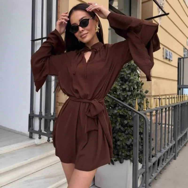 Glorol - Elegant V-Neck Lace Up Pleated Mini Dress