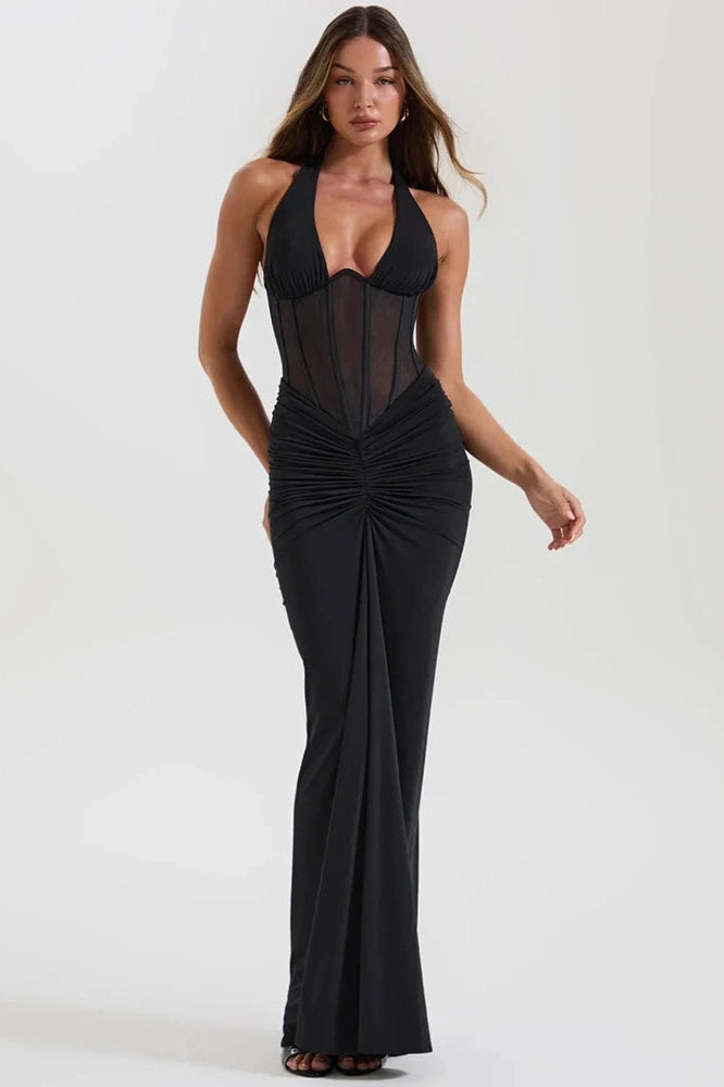 Glorol - Backless V Neck Off-Shoulder Sleeveless Bodycon Maxi Dress