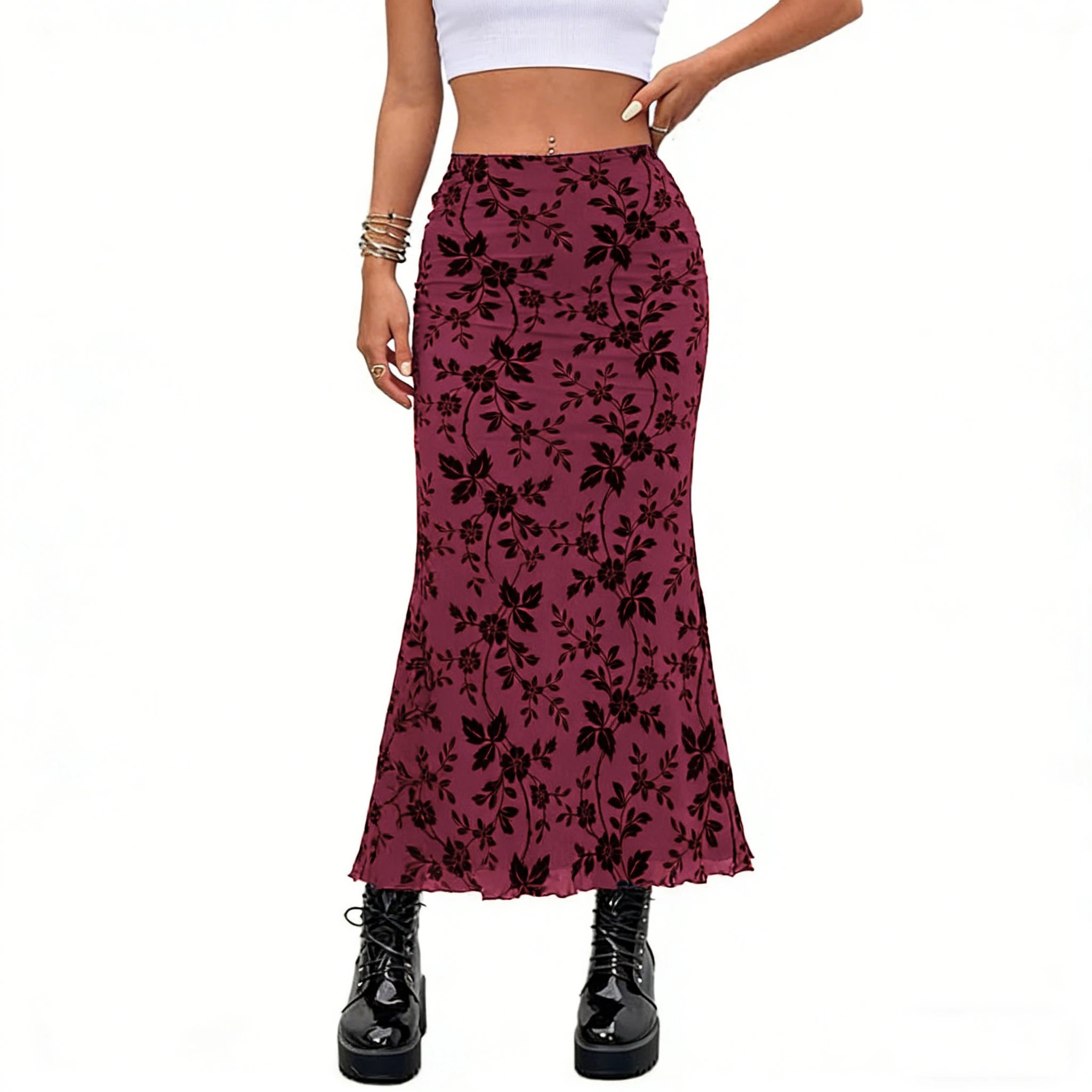 Glorol - Floral Print Flocked Mesh High Waist Skirt
