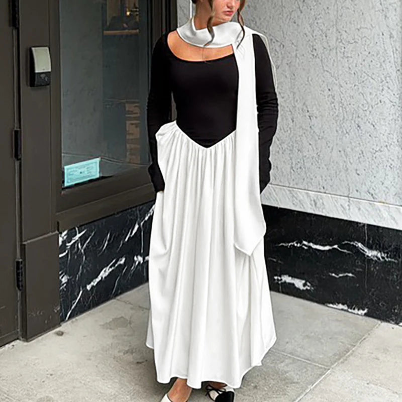 Glorol - Patchwork Scarf Ribbon Round Neck A-Line Maxi Dress