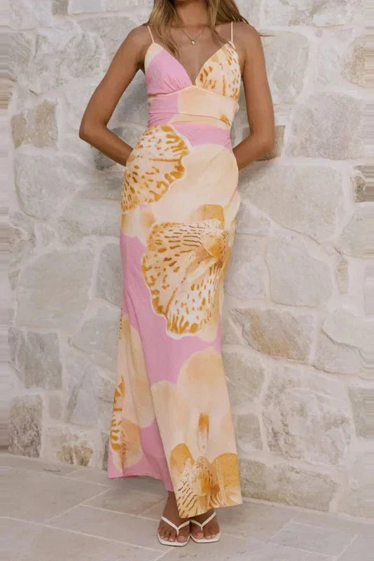 V-Neck Printed Sleeveless Fit Pleated Backless Maxi Dress