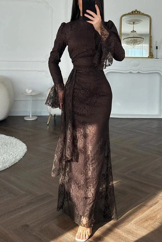 Glorol - Pleated Lace Slim High Waist Maxi Dress