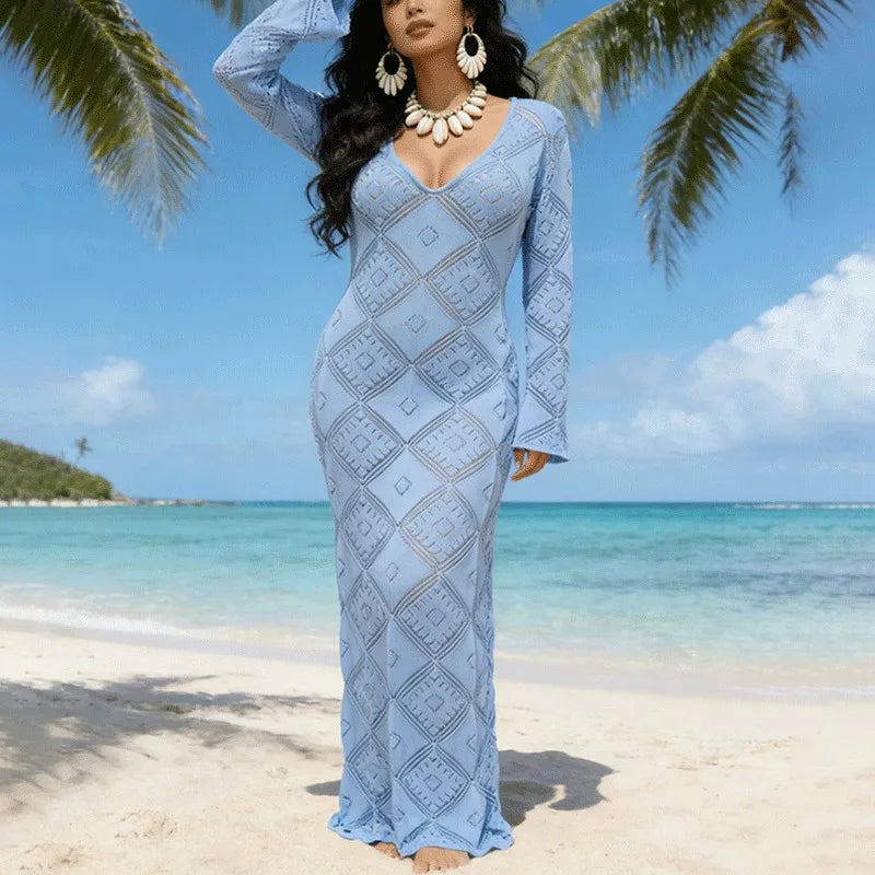 Glorol - Elegant V-Neck Hollow Out See Through Maxi Dress