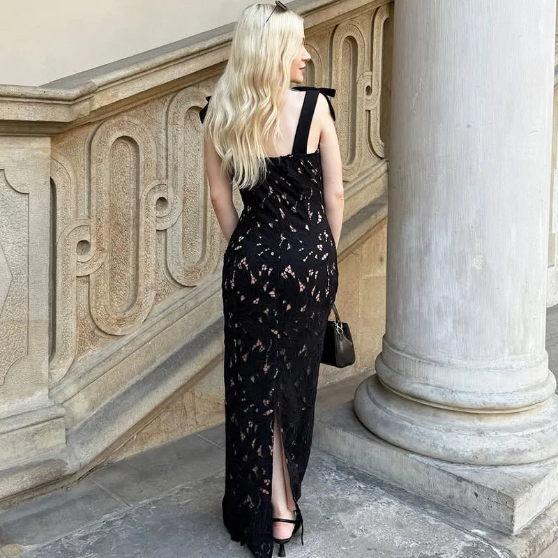 Glorol - Patchwork Lace-Up Backless Maxi Dress
