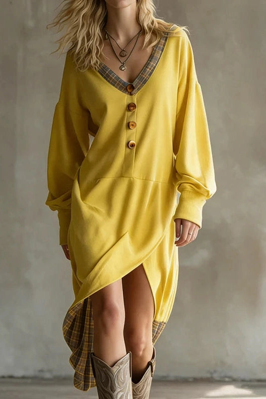Glorol - Long Sleeve V-Neck Button Split High Waist Irregular Midi Dress