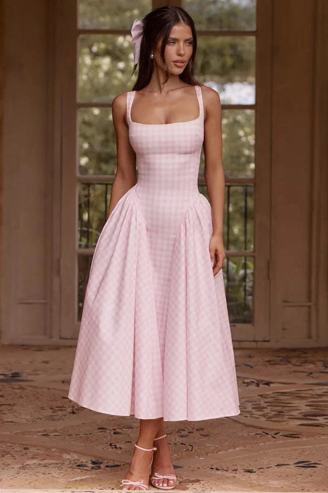 Glorol - Plaid Printed Spaghetti Strap High Waist A-line Backless Midi Dress