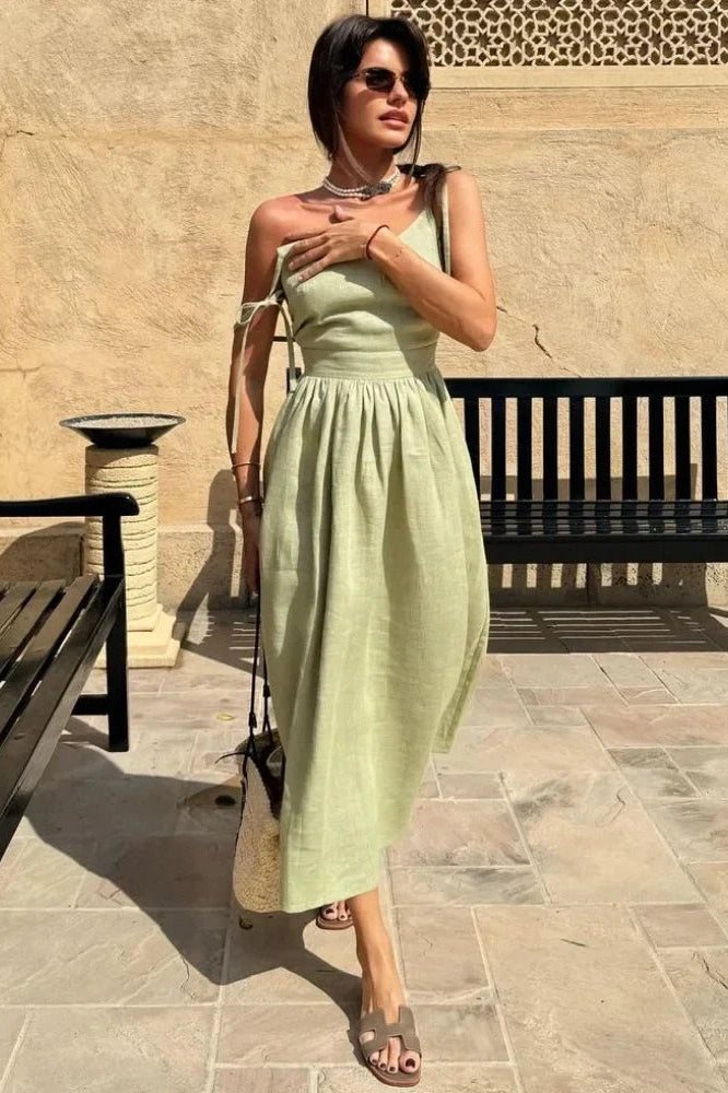 Glorol - Elegant Backless V Neck Midi Dress