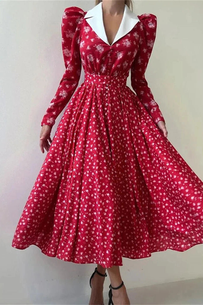 Glorol - Printed V-Neck Patchwork Long Sleeve High Waist Midi Dress