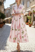 Glorol - Elegant High Waist A-Line V-Neck Printed Long Sleeve Pleated Midi Dress