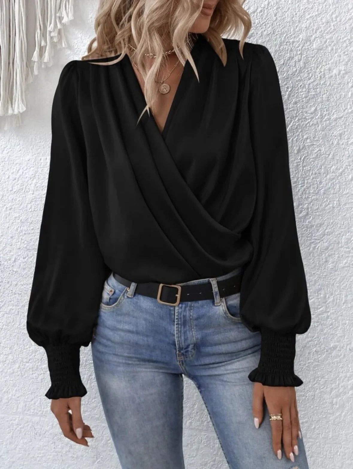 Glorol - Elegant V-Neck Lantern Sleeve Top
