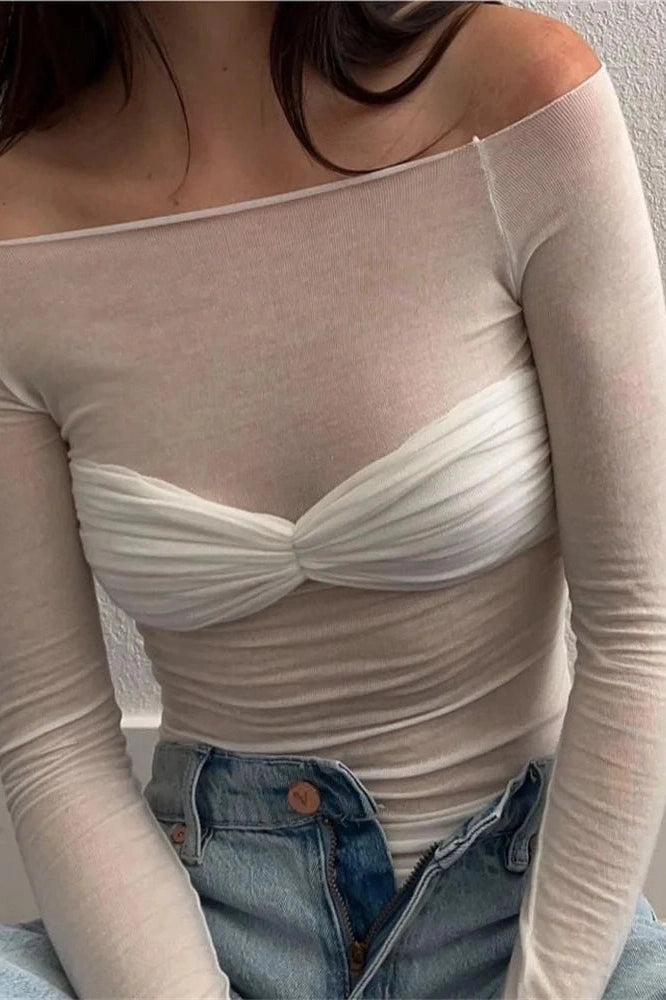 Glorol - Short Sleeve Off-Shoulder See-Through Top