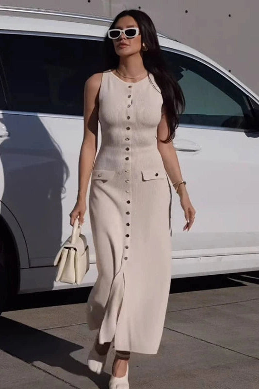 Glorol - Elegant Sleeveless Single-Breasted Bodycon Knitted Midi Dress