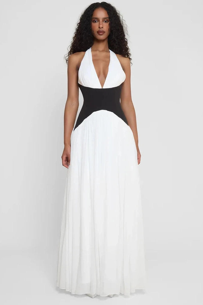 Glorol - Deep V Neck Backless Patchwork Sleeveless High Waist Maxi Dress