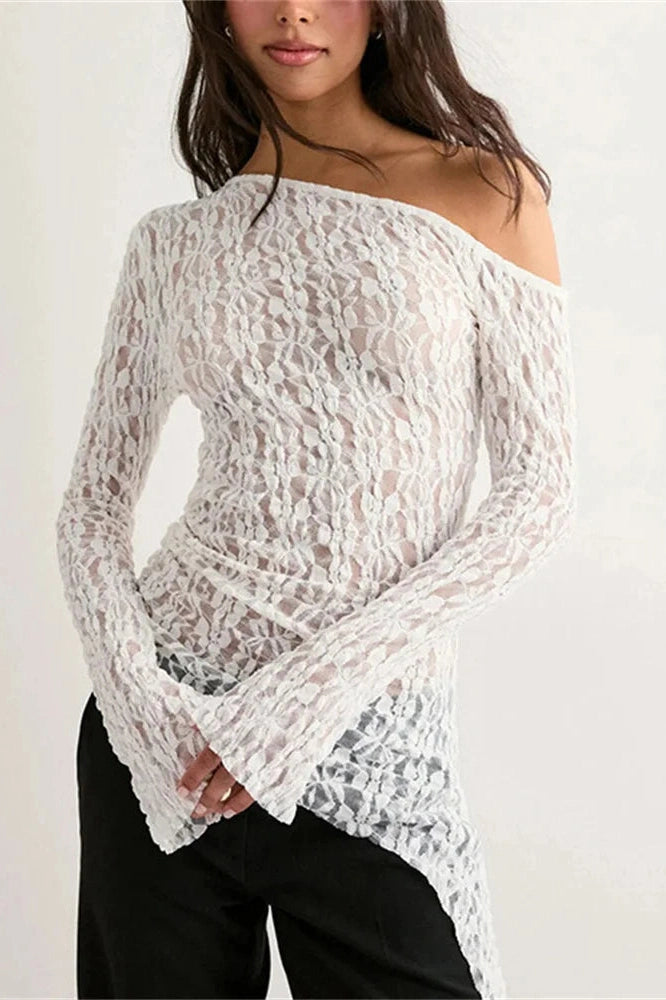 Glorol - Lace See-Through One-Shoulder Printed Top