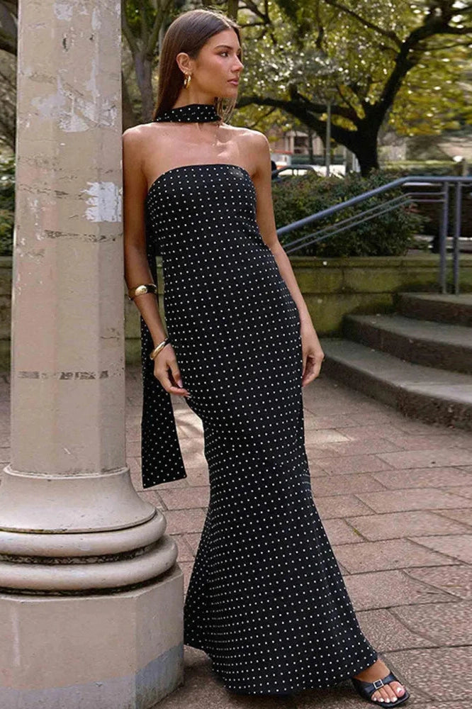 Glorol - Polka Dot Strapless Scarf Collar Off-Shoulder Sleeveless Maxi Dress