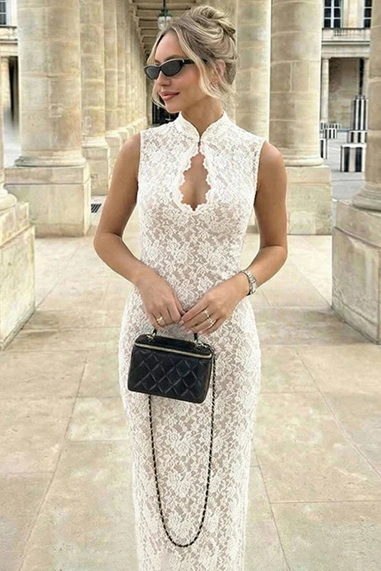 Glorol - Hollow Out Lace Sleeveless Slim Maxi Dress