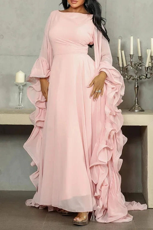 Glorol - O-Neck High Waist Backless Lace Up Long Sleeve Maxi Dress