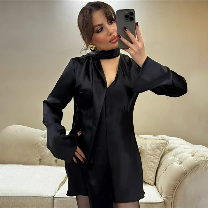 Glorol - Scarf V Neck Patchwork Lace Up Mini Dress