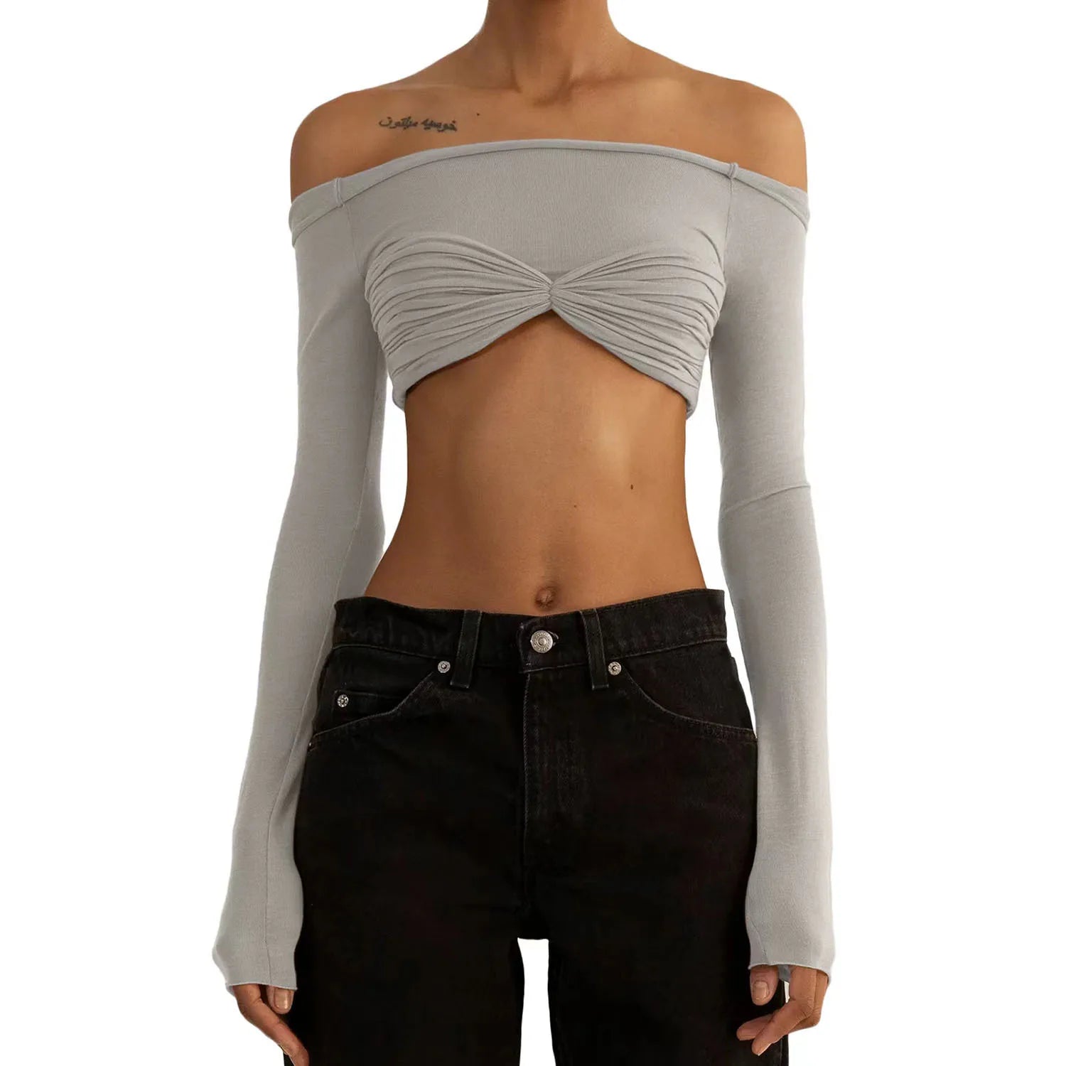 Glorol - See-Through Off-Shoulder Lace Long Sleeve Top