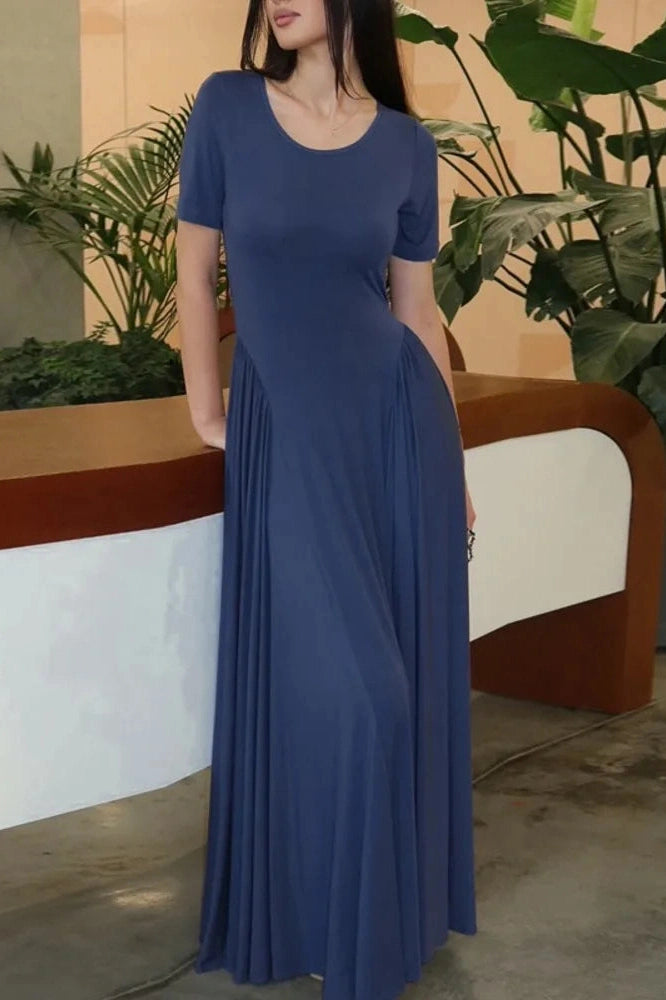 Glorol - Short Sleeve O Neck High Waist Pleated Maxi Dress