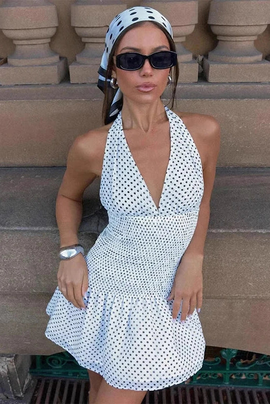 Glorol - Polka Dot Lace-Up Pleated Waist Backless Mini Dress