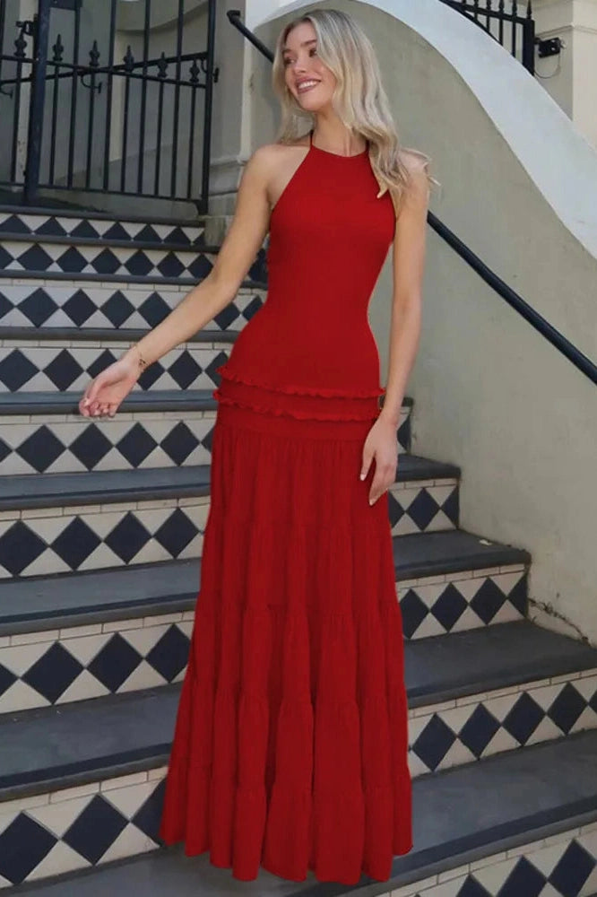 Glorol - Backless Pleated Sleeveless High Waist Lace-Up A-Line Maxi Dress