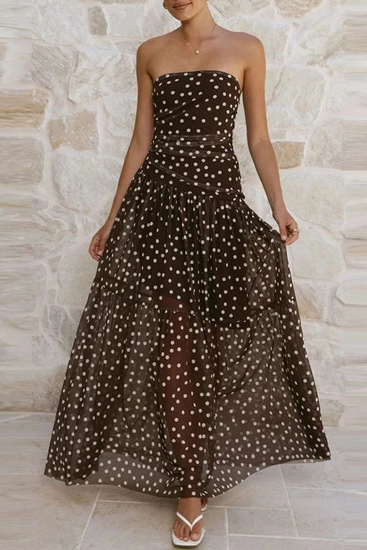 Glorol - Sleeveless Pleated Printed Off-Shoulder Maxi Dress