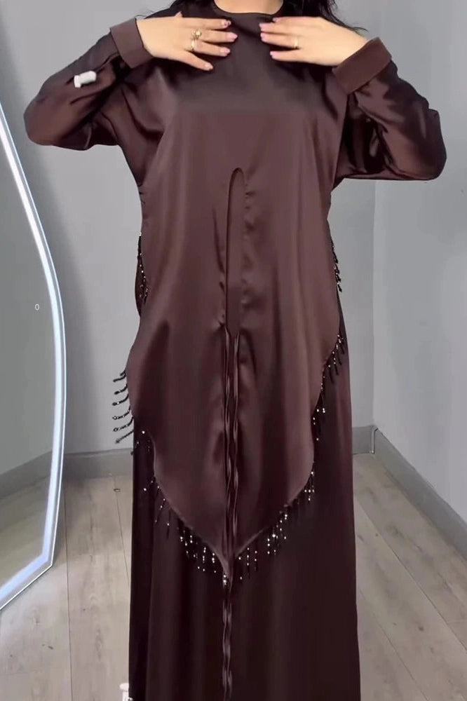 Glorol - Long Sleeve Pleat Lace-Up Loose 2-Piece Irregular Maxi Dress