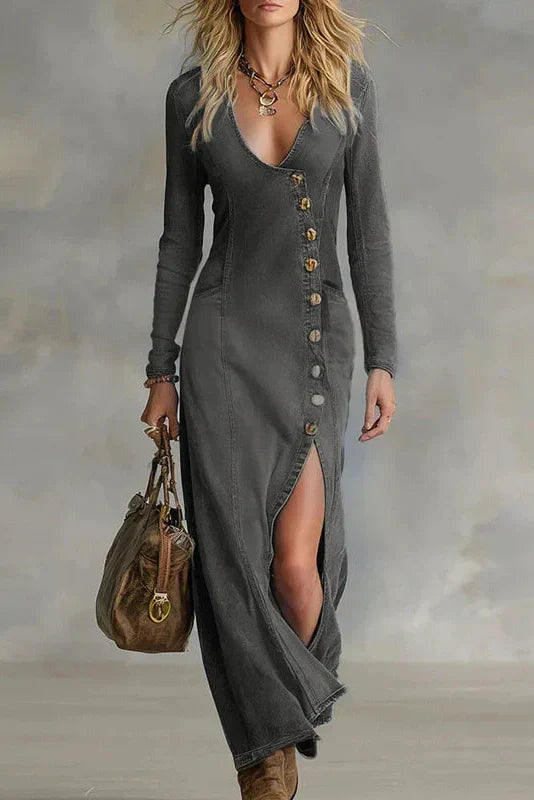 V-Neck Long Sleeve Single Breasted Slim Maxi Dress