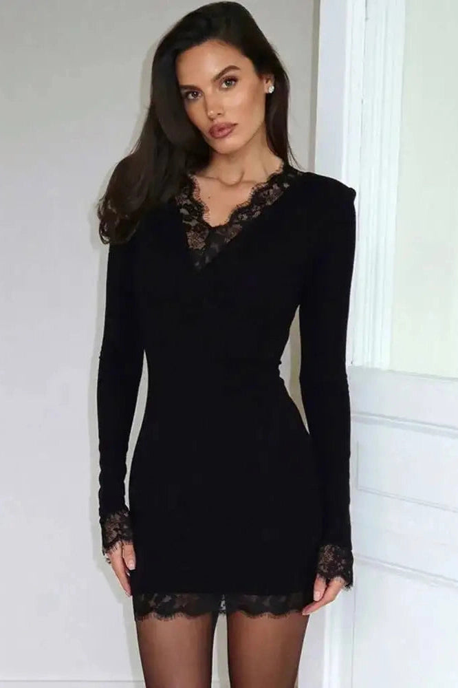 Glorol - Lace V Neck Long Sleeve Patchwork Bodycon Mini Dress