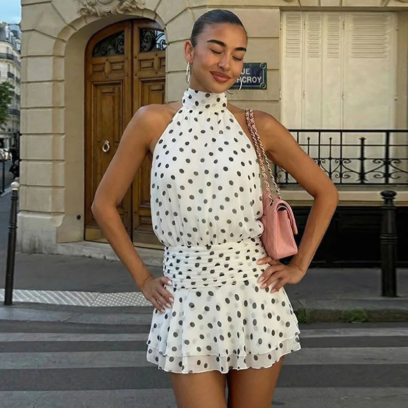 Glorol - Polka Dot Print Backless Lace Up Mini Dress