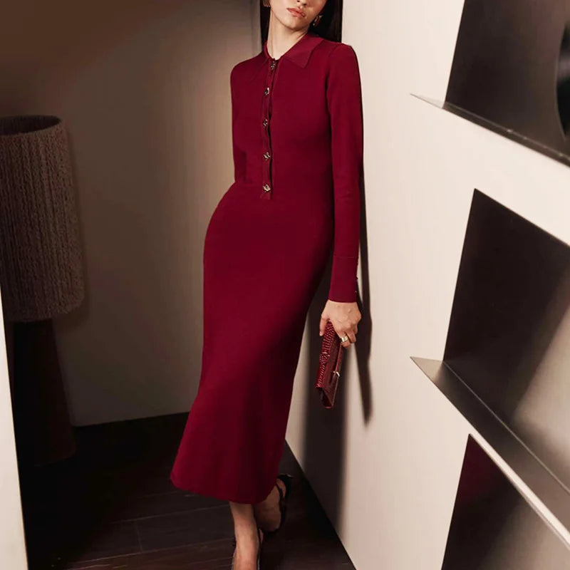 Glorol - Button Lapel Collar High Waisted Long Sleeve Midi Dress
