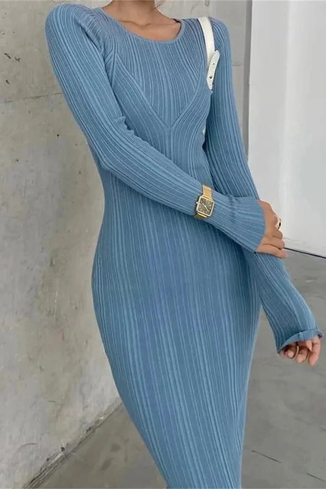 Glorol - Long Sleeve Slim High Waist Patchwork Midi Dress